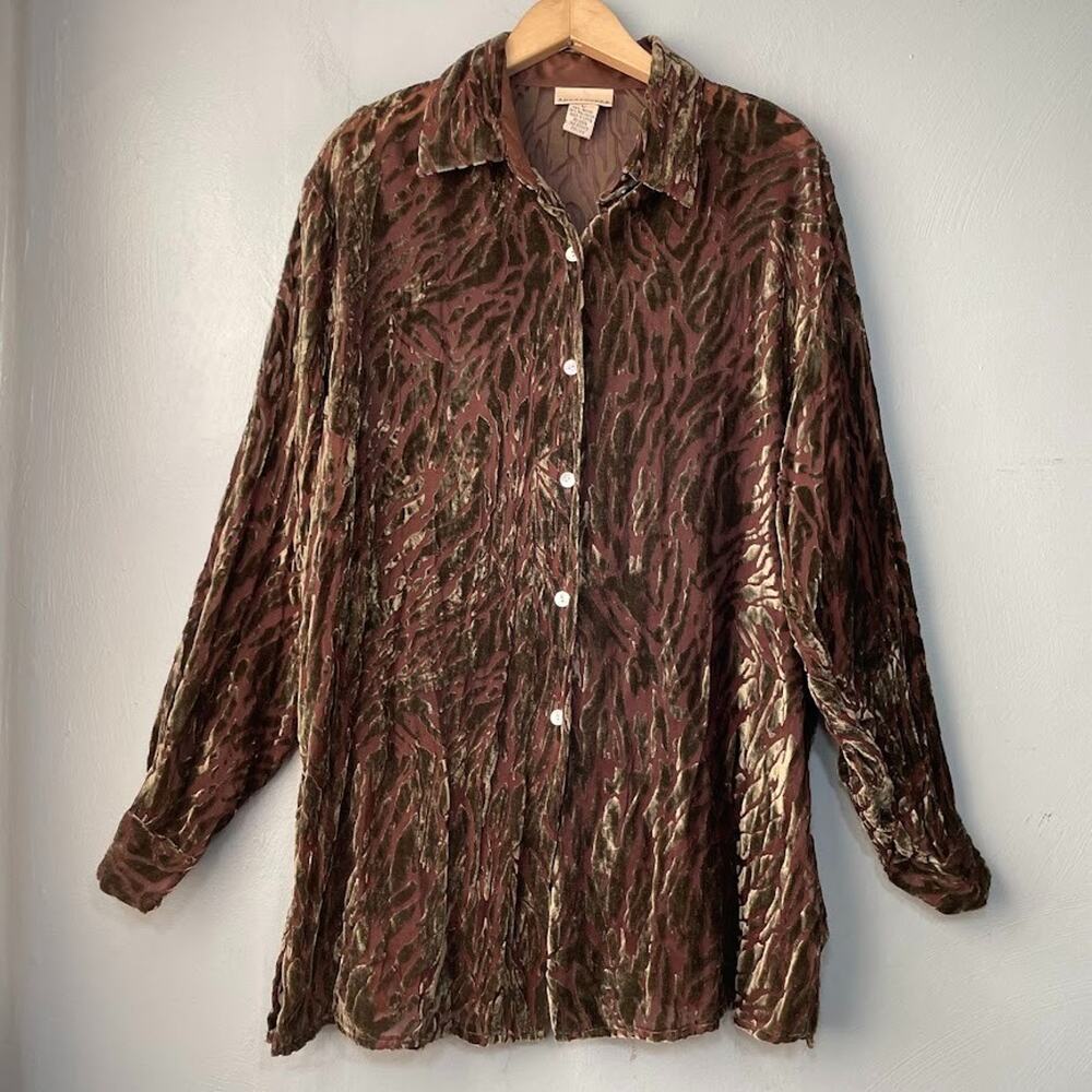 Witchy Blouse Size Large Brown Olive Sheer Burnout Velvet Whimsigoth Goblincore